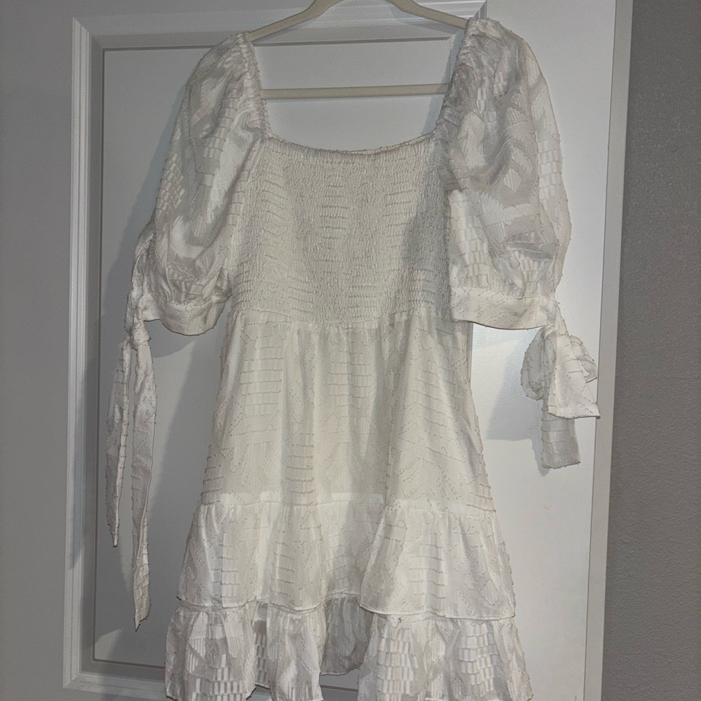 White Textured Dress with Puff Sleeves